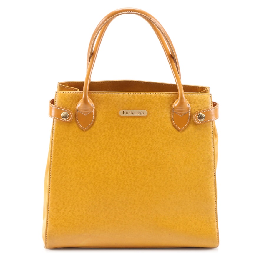 Burberrys Saffiano Leather Top Handle Bag in Yellow Ochre