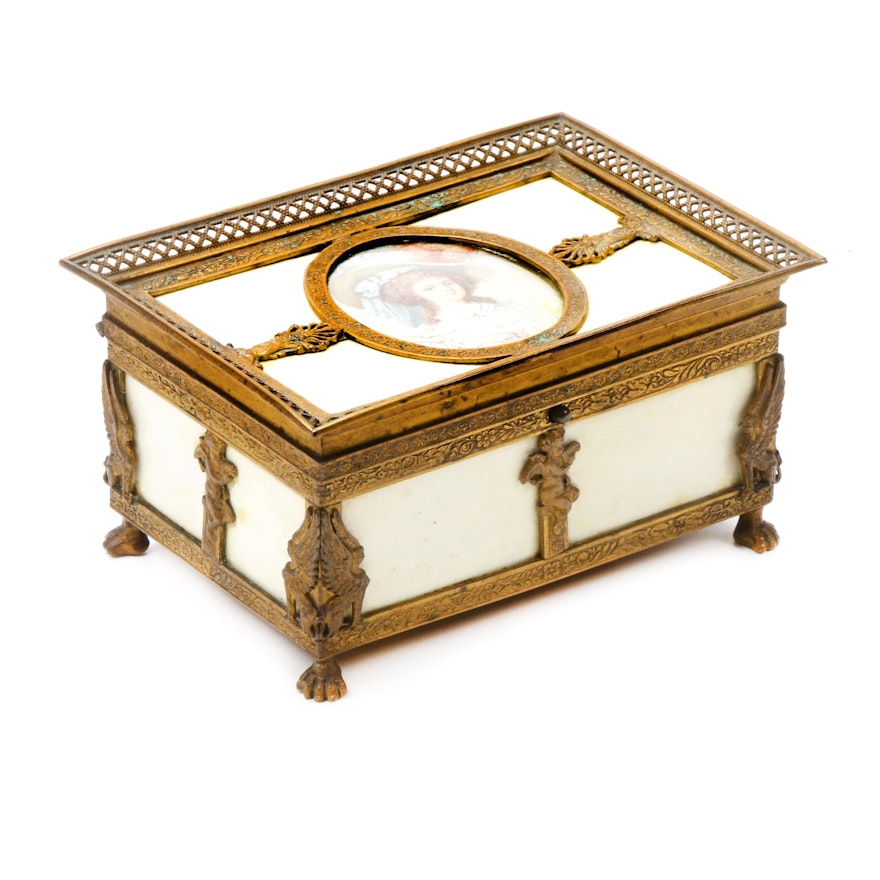 Victorian Footed Brass Jewelry Box with Hand-Painted Portrait, Late 19th Century