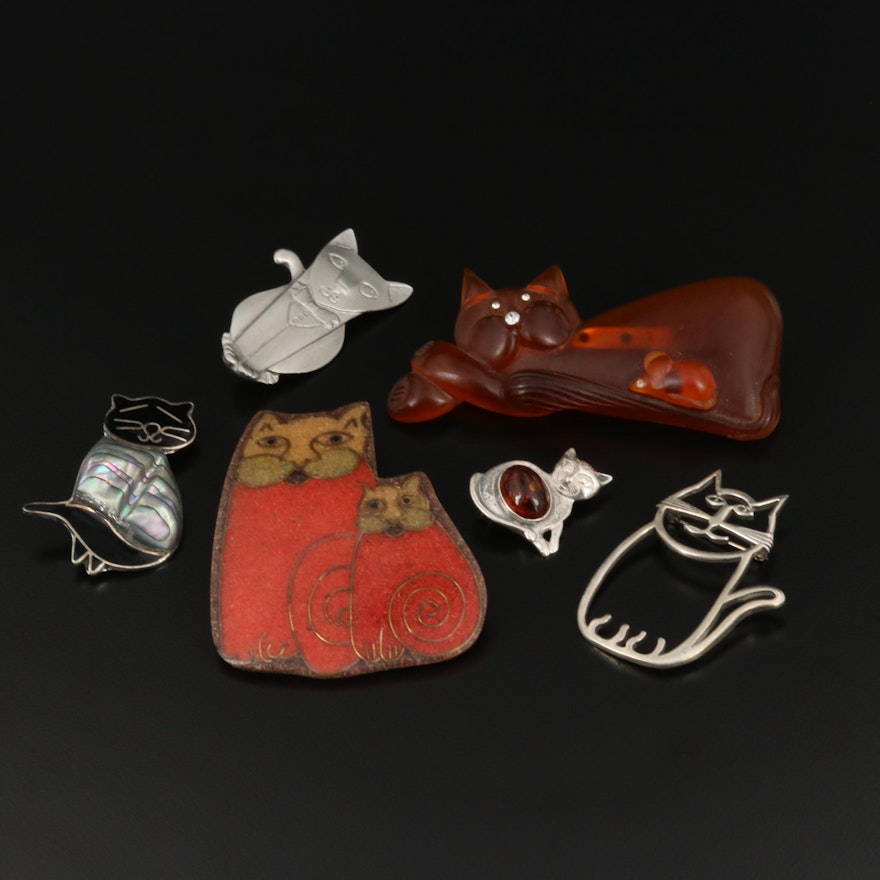 Assorted Cat Brooches Including Belinda Woody Navajo Diné