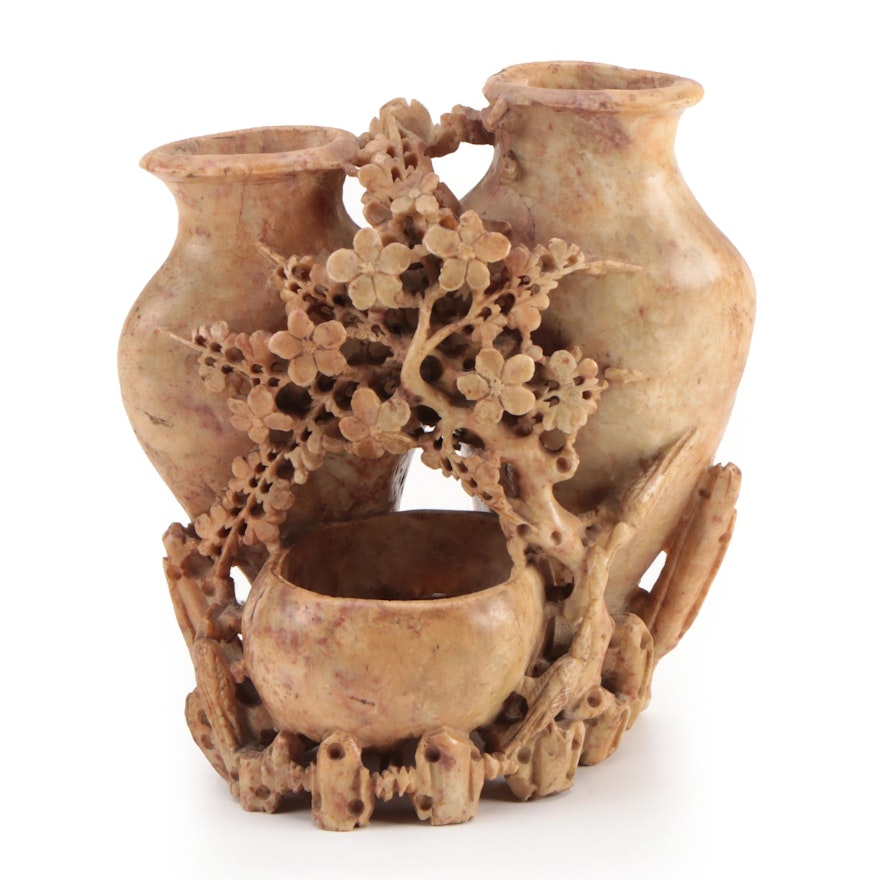 Chinese Hand Carved Soapstone Triple Vase Brush Pot, 20th Century