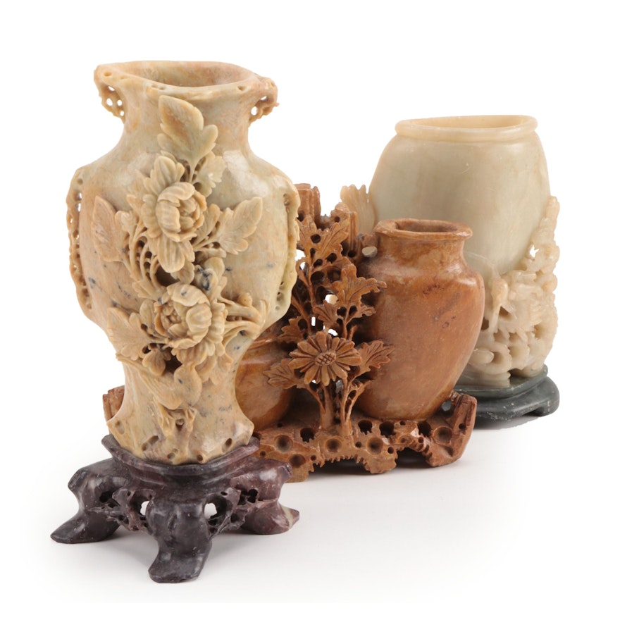 Chinese Hand Carved Soapstone Brush Pots, 20th Century
