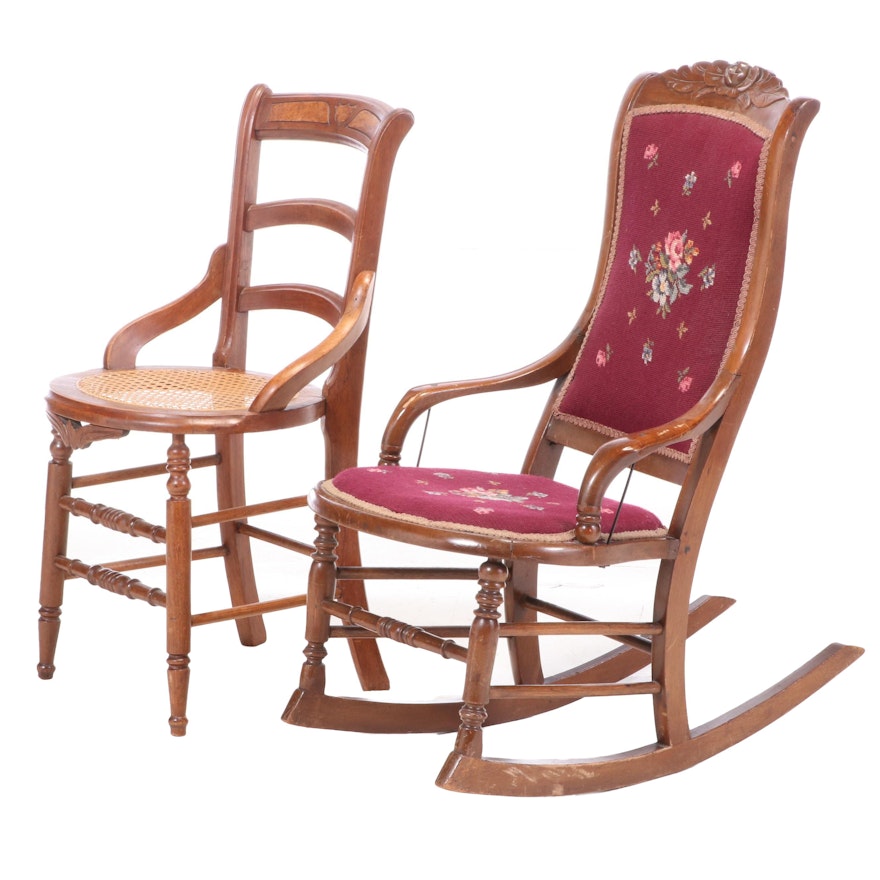 Victorian Walnut and Needlework Rocking Chair Plus Side Chair, Late 19th Century