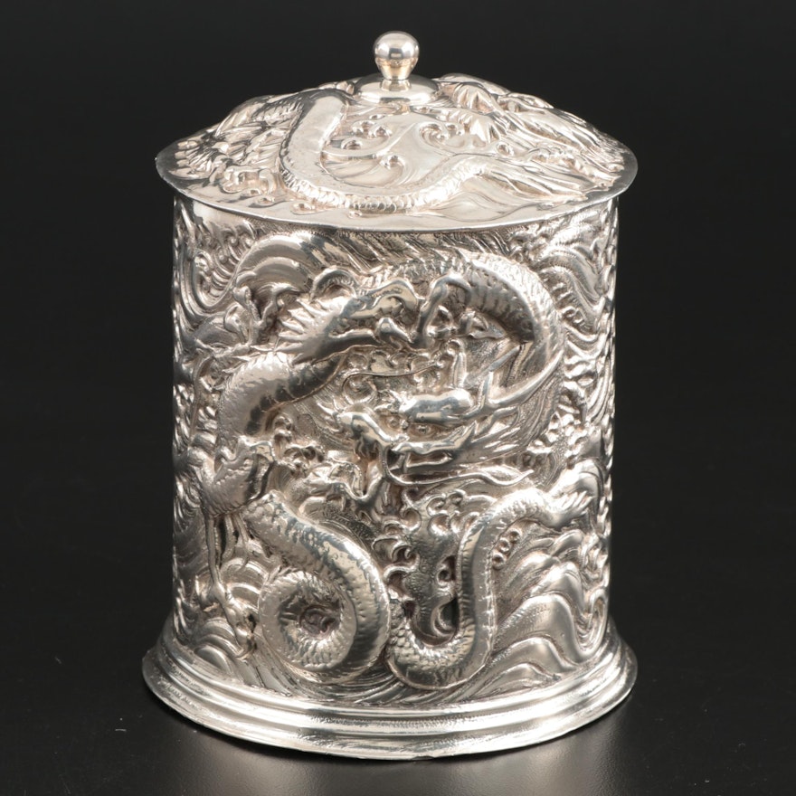 Silver Plate Tea Caddy or Humidor with Dragons in Relief