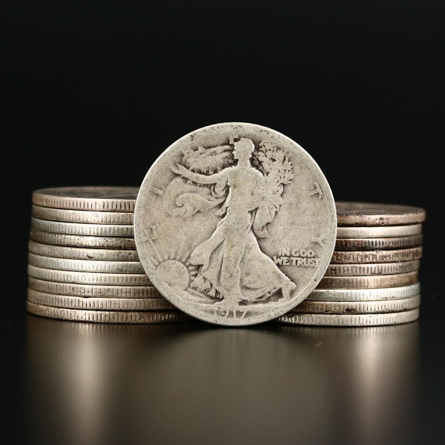 Twenty Walking Liberty Silver Half Dollars, 1917 to 1920