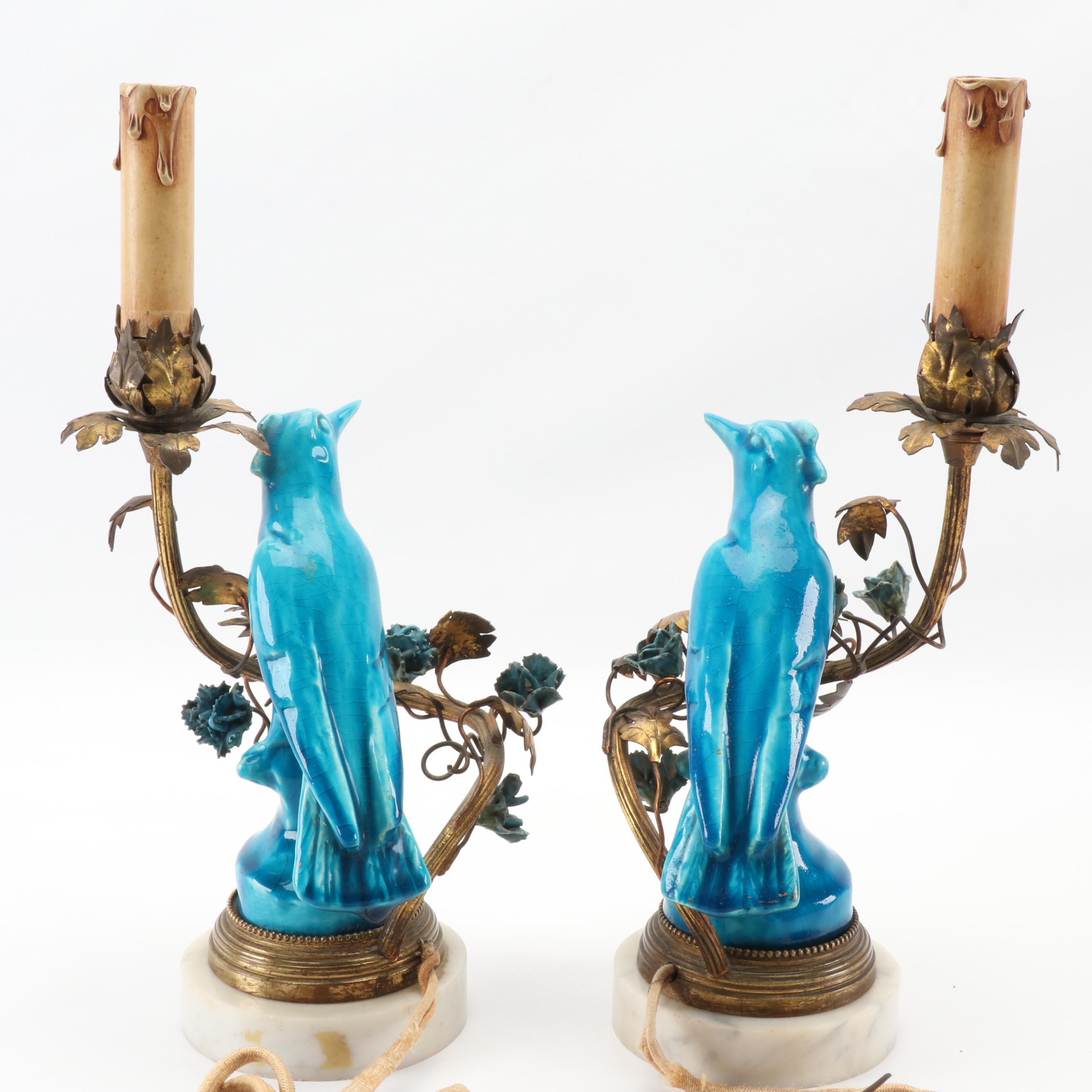 French Candlestick Lamps with Ormolu Mounted Porcelain Bird Figurines
