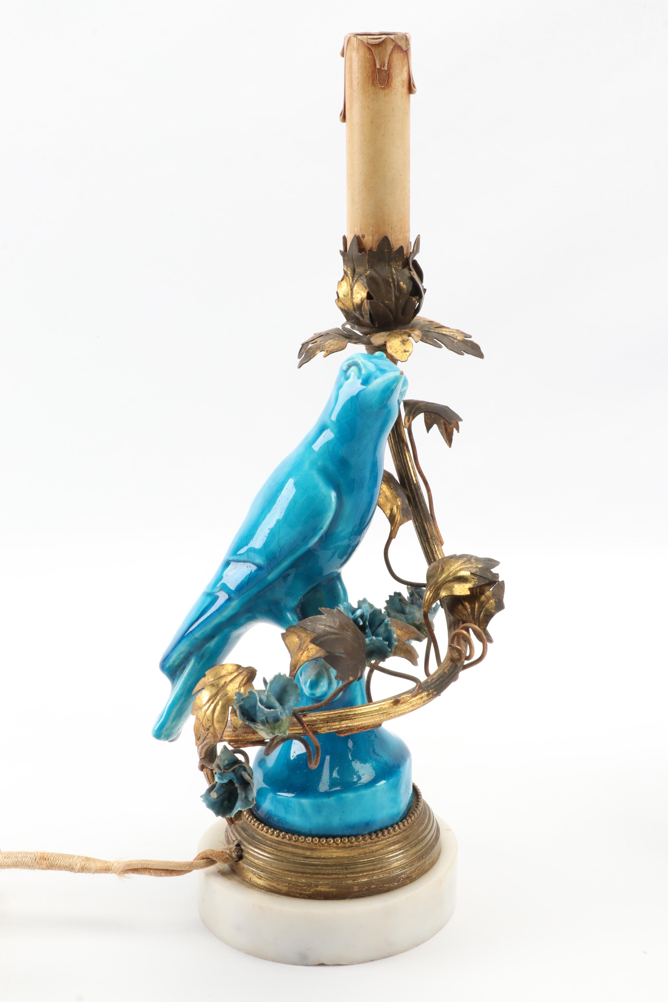 French Candlestick Lamps with Ormolu Mounted Porcelain Bird Figurines