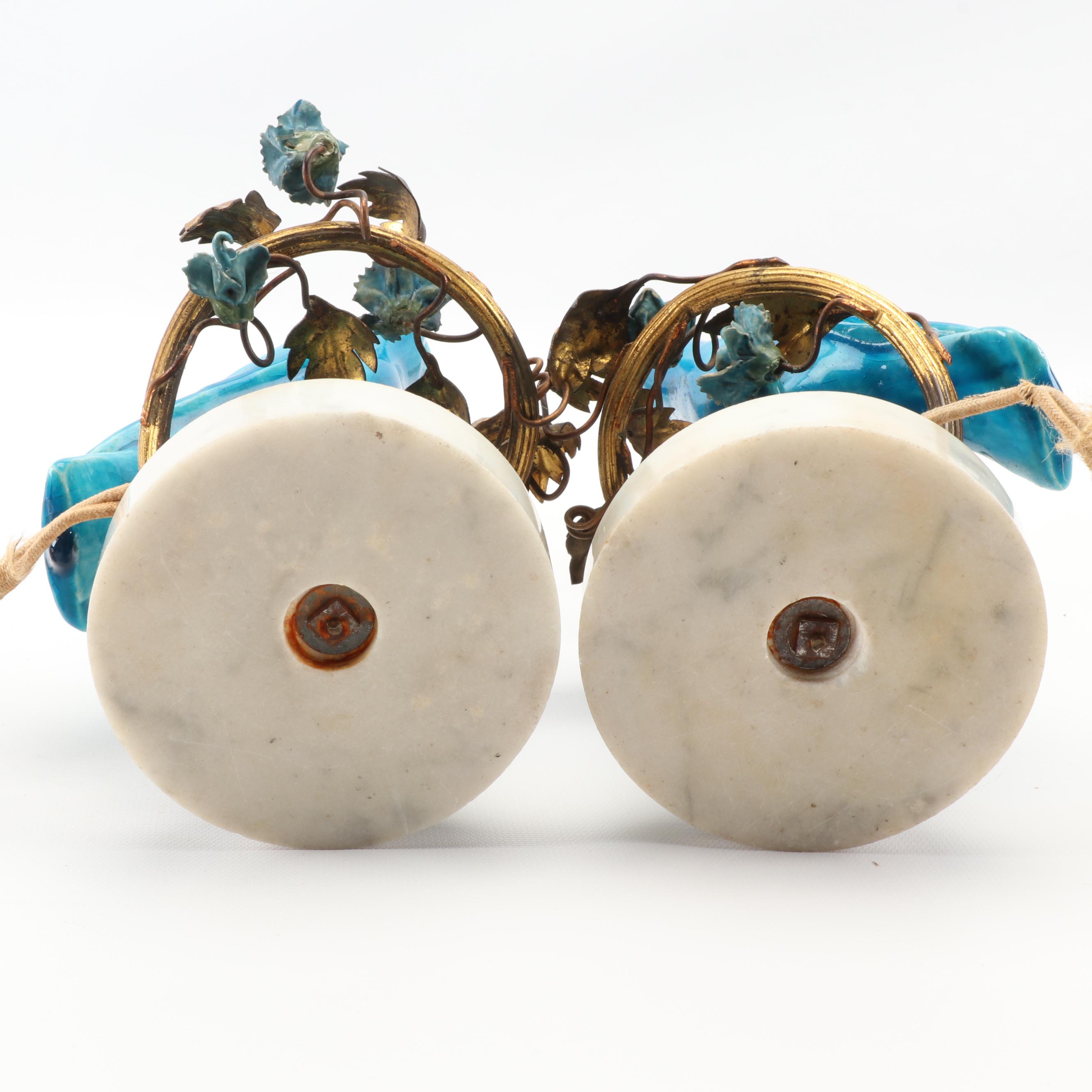 French Candlestick Lamps with Ormolu Mounted Porcelain Bird Figurines