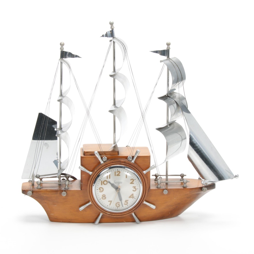 Sessions Self Starting "Sailing Ship" Maple and Chrome Mantel Clock, Mid-20th C.