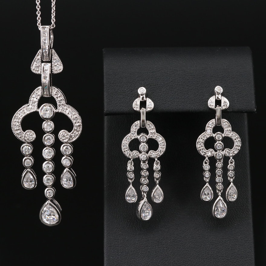 Sterling Silver Cubic Zirconia Chandelier Necklace and Earring Set