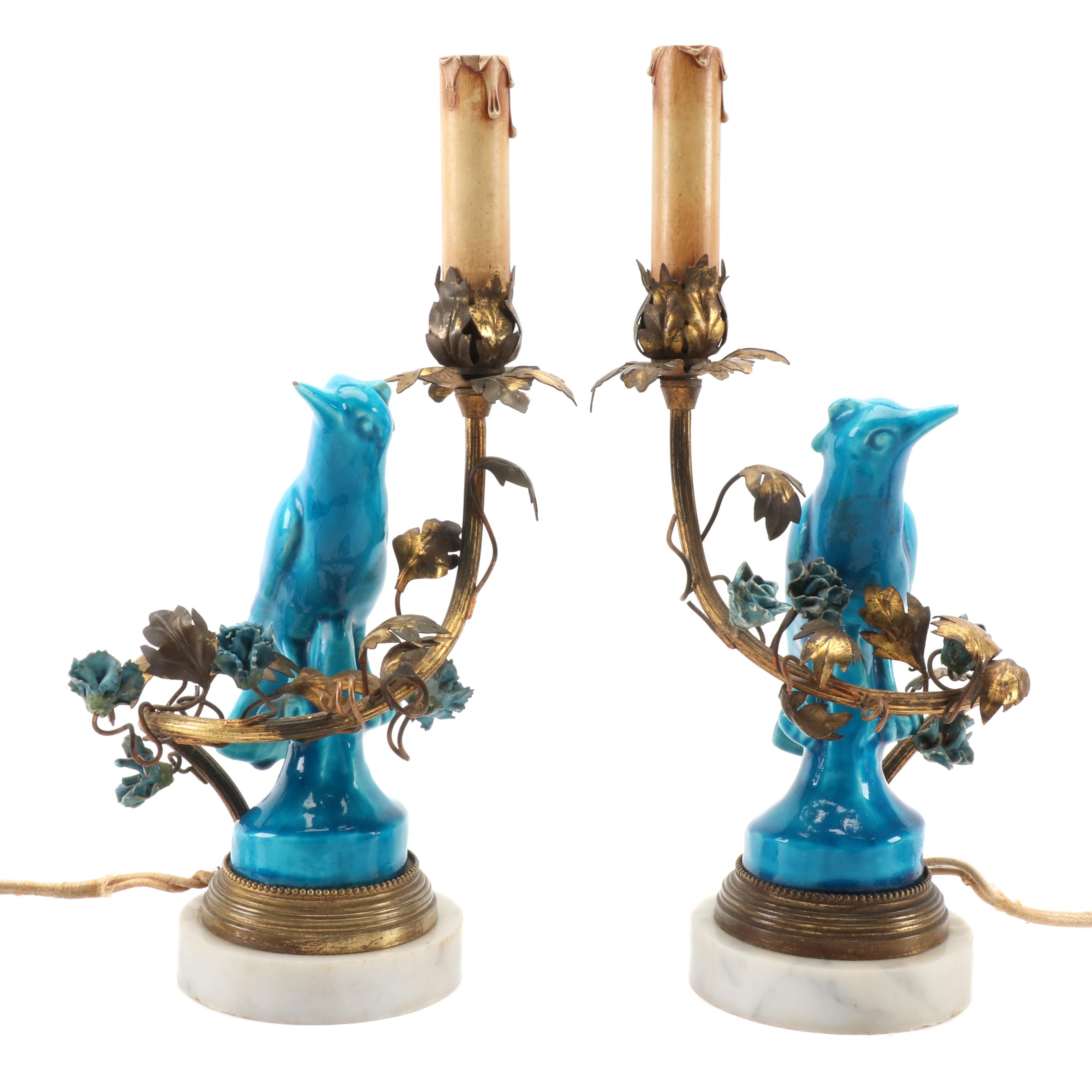 French Candlestick Lamps with Ormolu Mounted Porcelain Bird Figurines