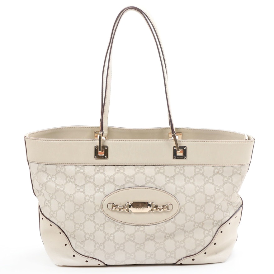 Gucci Guccissima and Perforated Smooth Leather Punch Tote in Bone