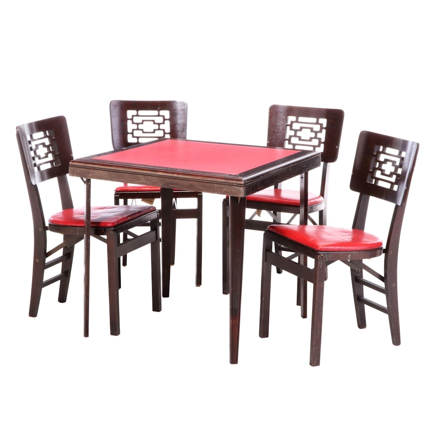 Stakmore Birch and Red Vinyl Folding Card Table Set, Mid-20th Century