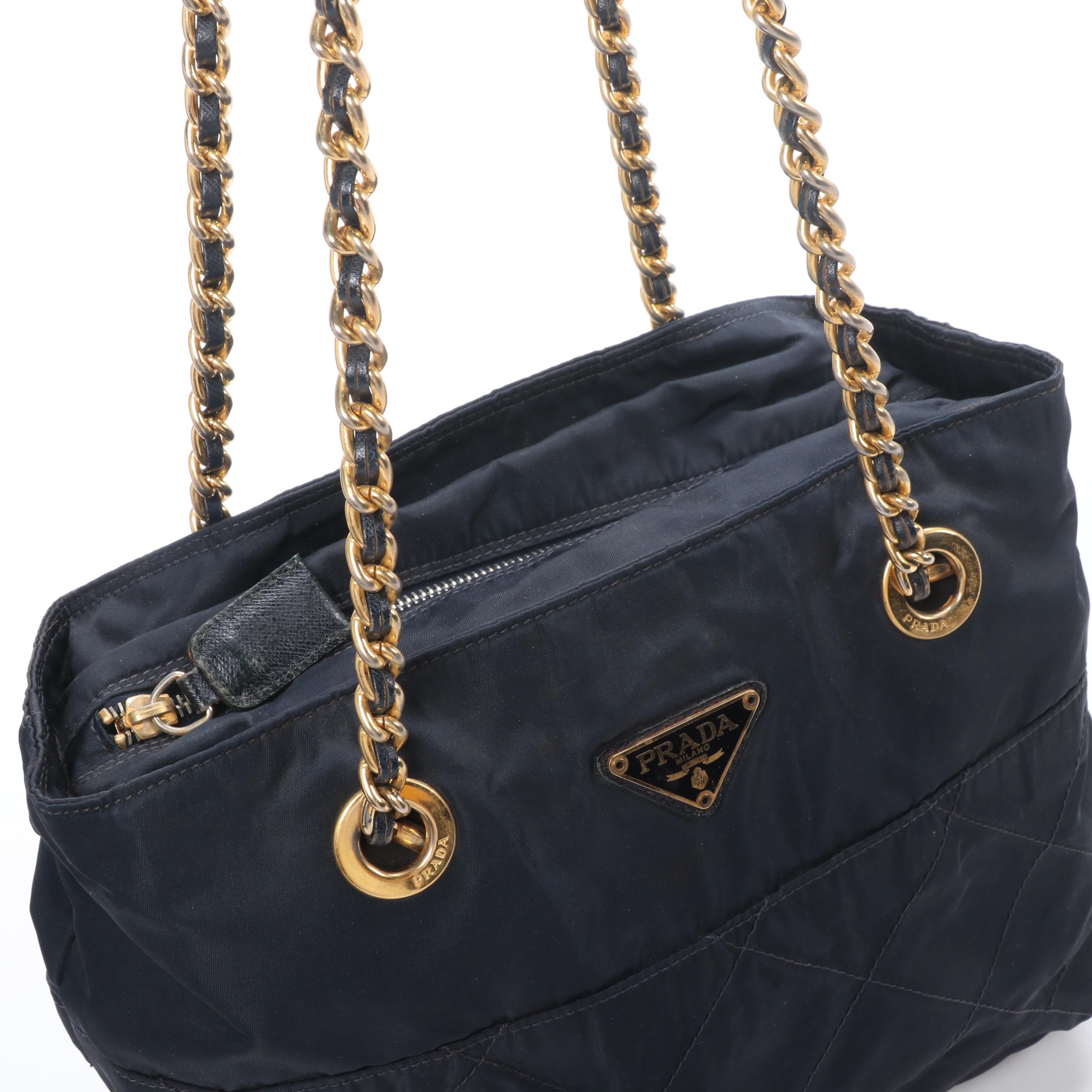 Prada Chain Strap Shoulder Bag in Black Quilted Tessuto Nylon