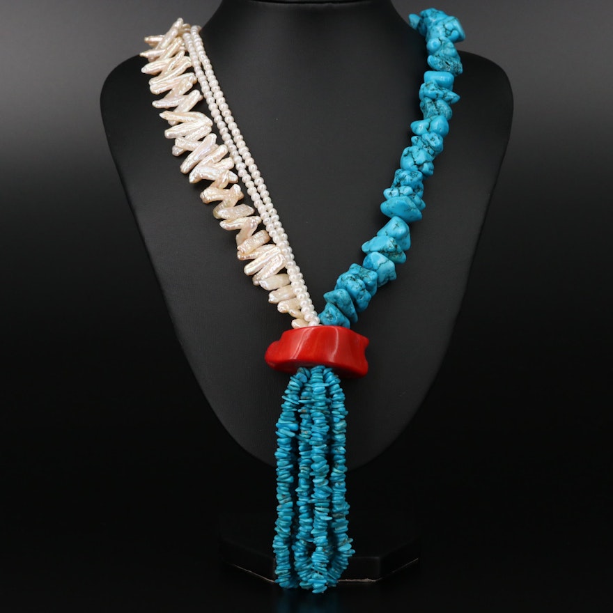 Sterling Silver Coral, Howlite, and Cultured Pearl Necklace
