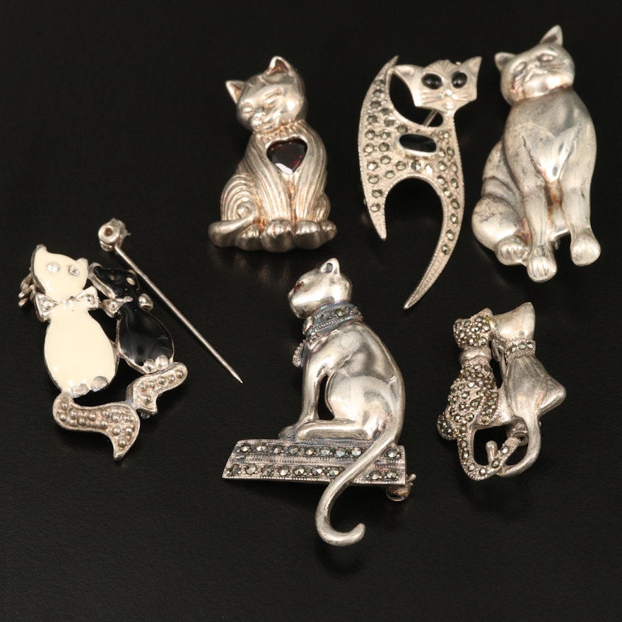 Sterling Silver Cat Themed Brooches Including Garnet