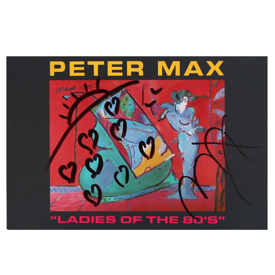 Postcard After Peter Max "Lady in Red", with Drawing and Autograph, Circa 1988
