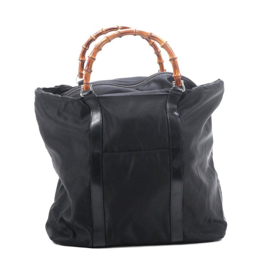 Gucci Bamboo Handle Tote in Black Nylon and Leather