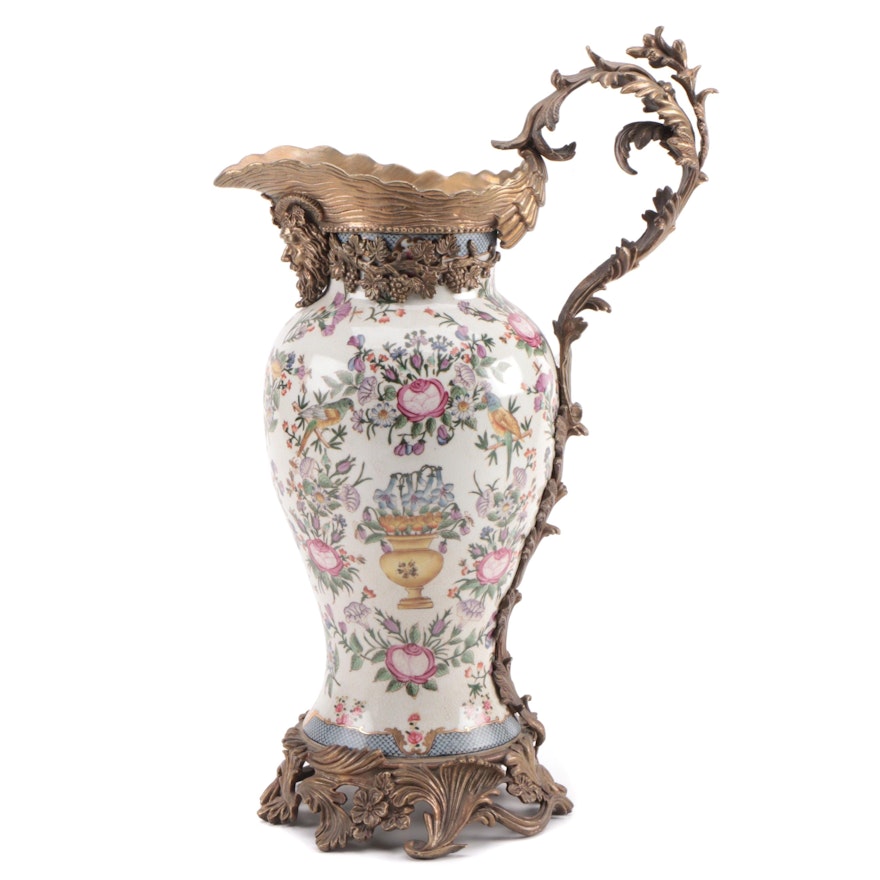 Wong Lee Rococo Style Brass-Mounted Porcelain Pitcher