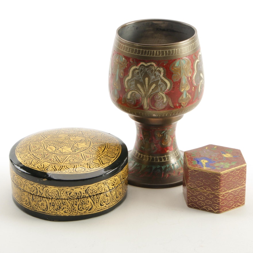 Asian Cloisonné Enamel and Lacquer Boxes with Champlevé Cup, Early toMid-20th C.