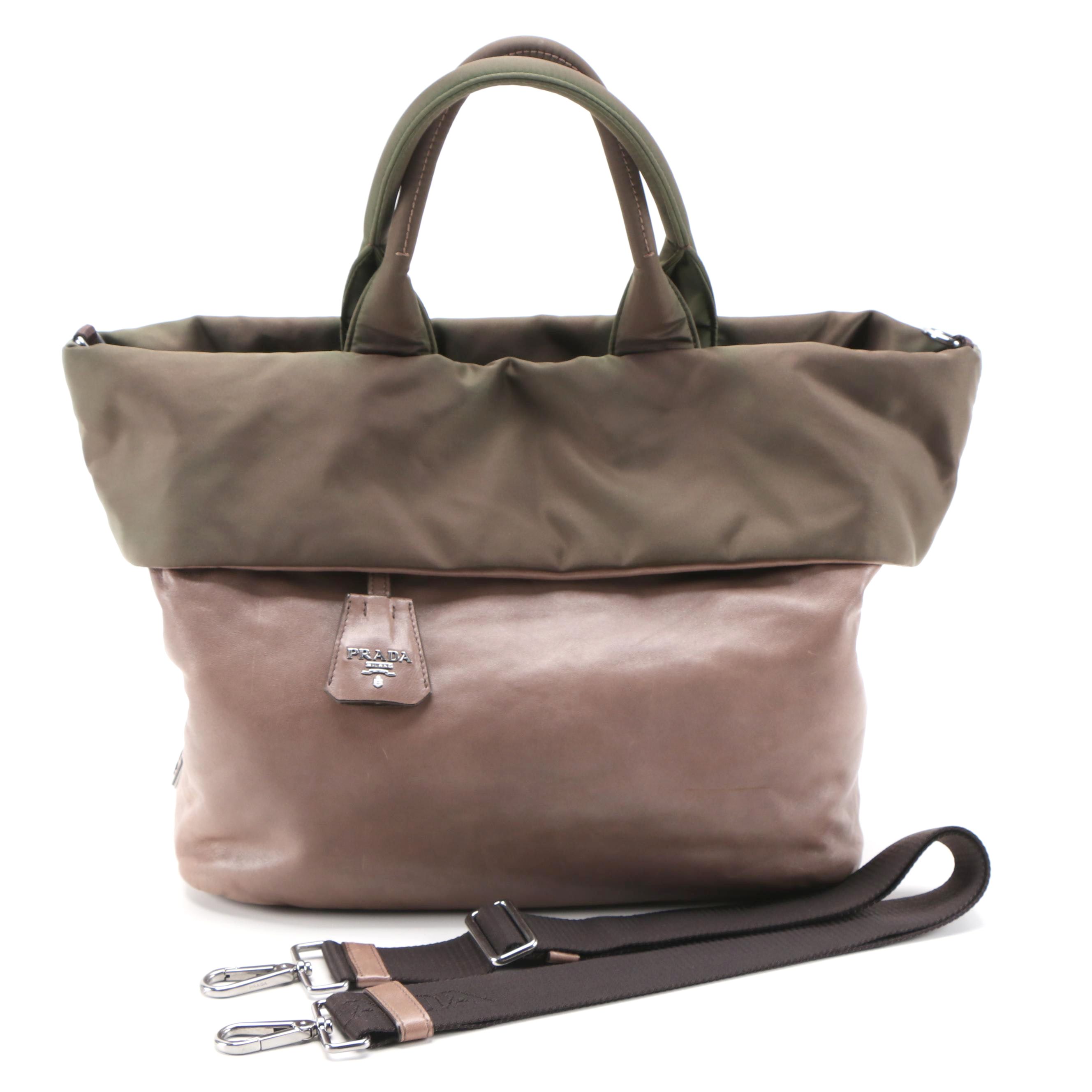 Prada Bambu Nappa Leather and Olive Tessuto Nylon Reversible Two-Way Tote Bag