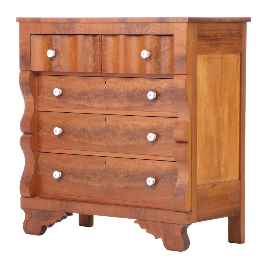 Empire Flame Walnut Veneered Chest of Drawers, Mid-19th Century