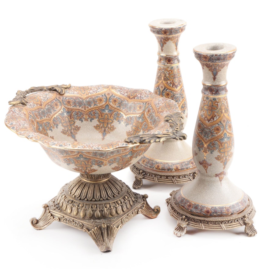 Metal Mounted Earthenware Centerpiece Compote and Candlesticks