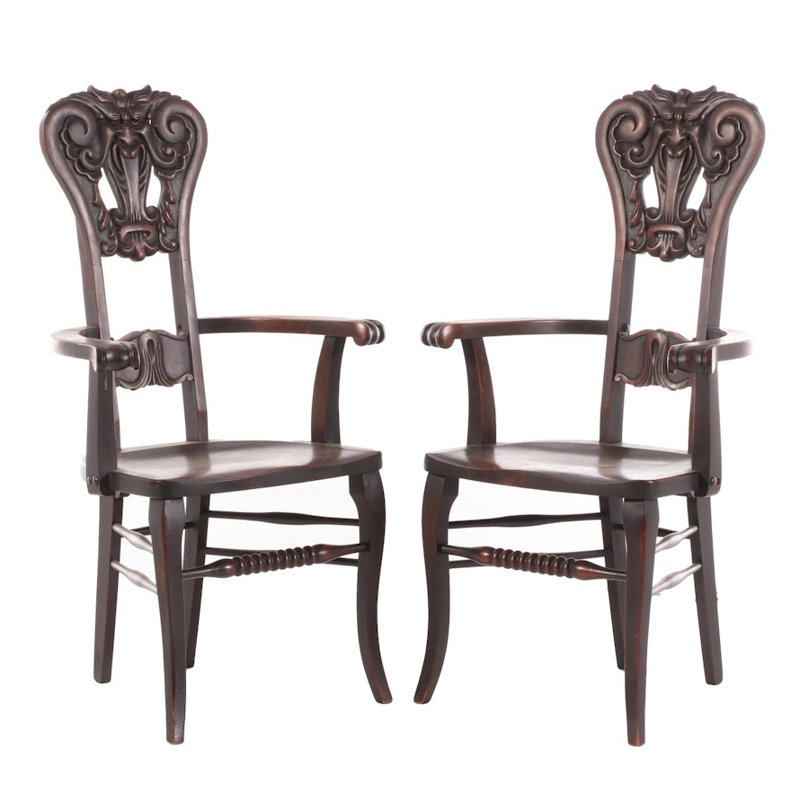 Pair of Mask Carved Birch "North Wind" Armchairs, Early 20th Century