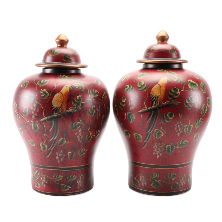 Chinese Parrot and Grape Vine Decorated Ceramic Ginger Jars