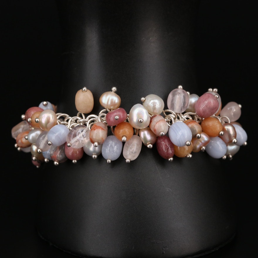 Sterling Silver Bracelet with Pearl, Lace Agate, and Rose Quartz