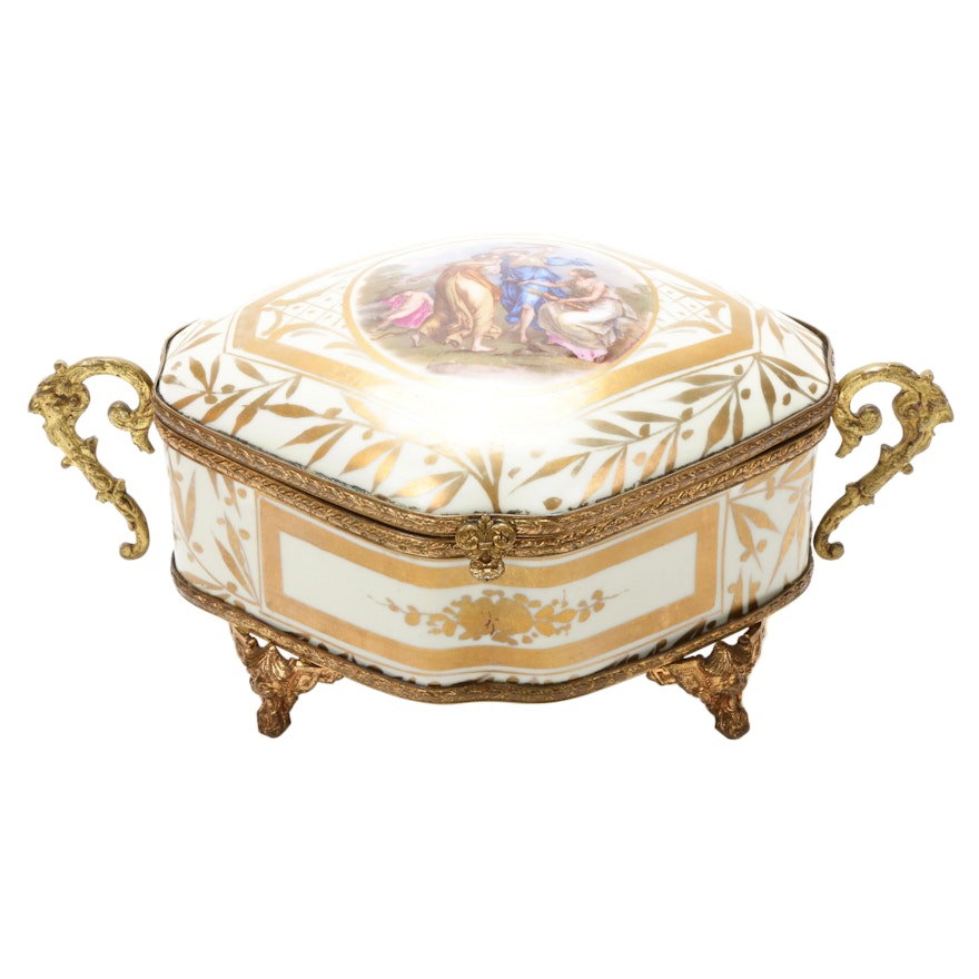 French Metal-Mounted Porcelain Footed Vanity Box