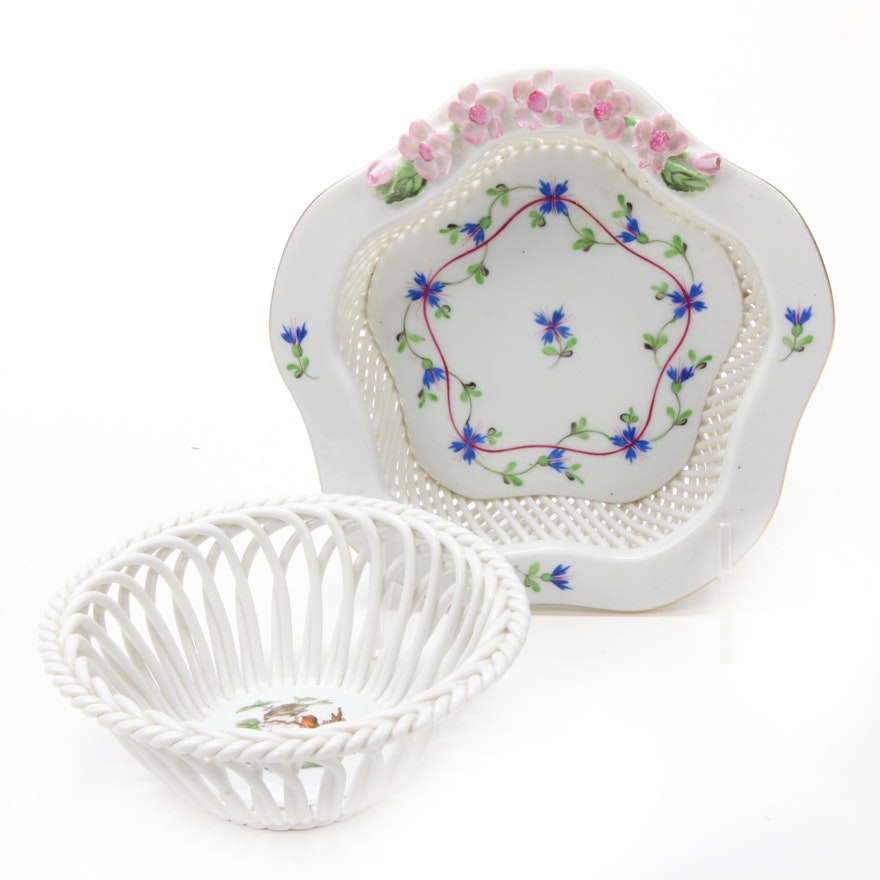 Herend "Rothschild Bird" and "Blue Garland" Open Weave Porcelain Basket Bowls