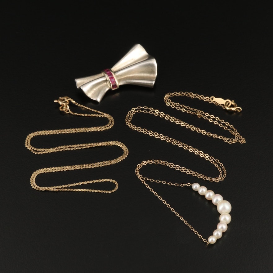 14K Necklaces with Pearls and Sterling Silver Ruby Brooch