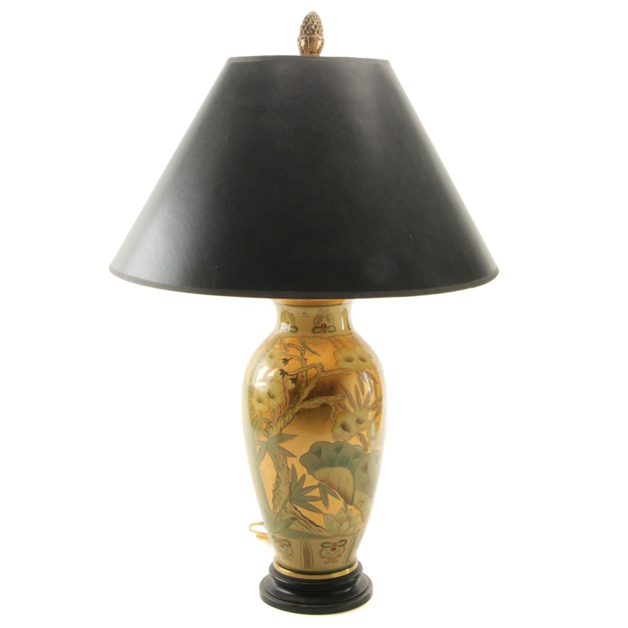 Japanese Porcelain Peony and Crane Table Lamp, Mid-20th Century