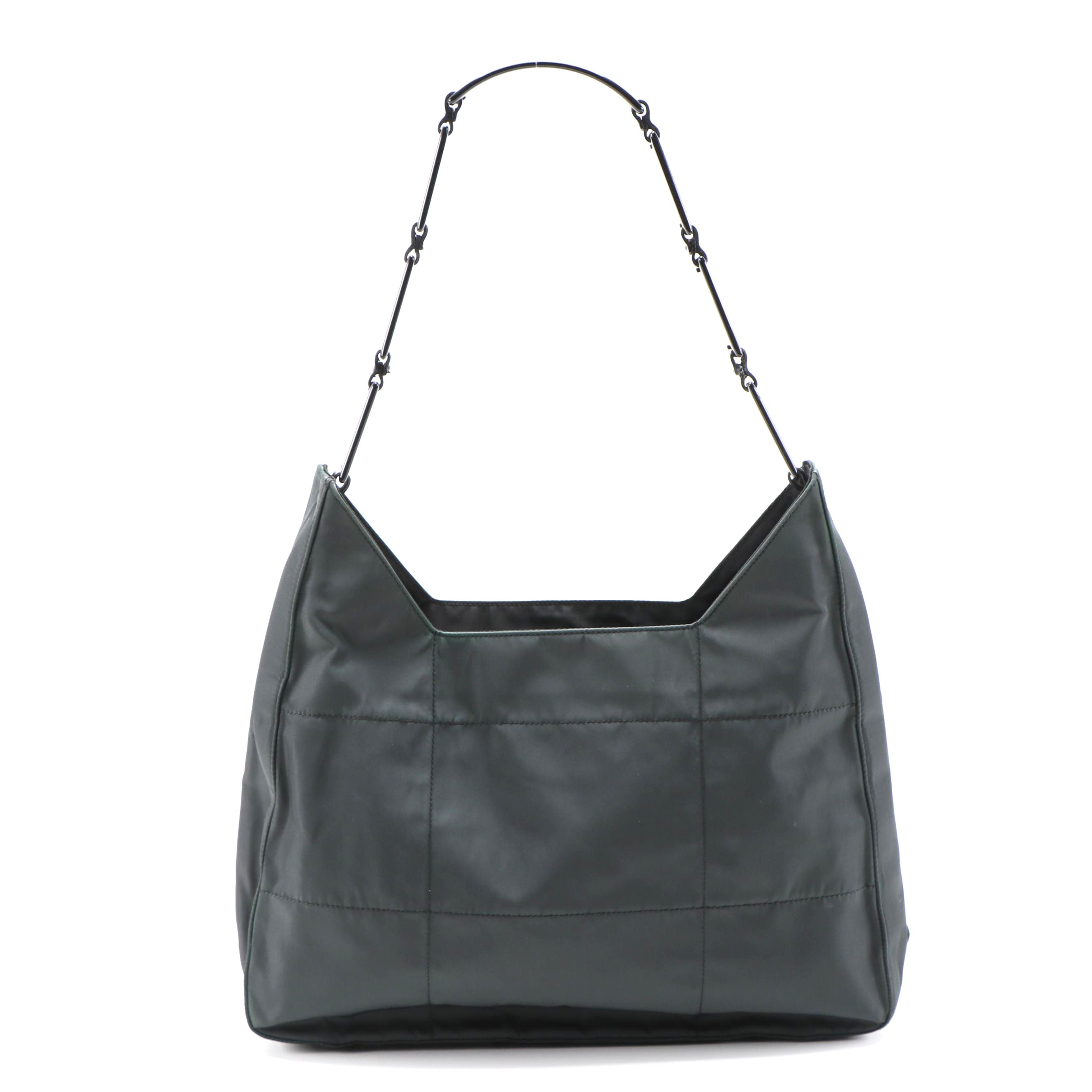 Prada Dark Green Topstitched Nylon Shoulder Bag with Panel Link Strap
