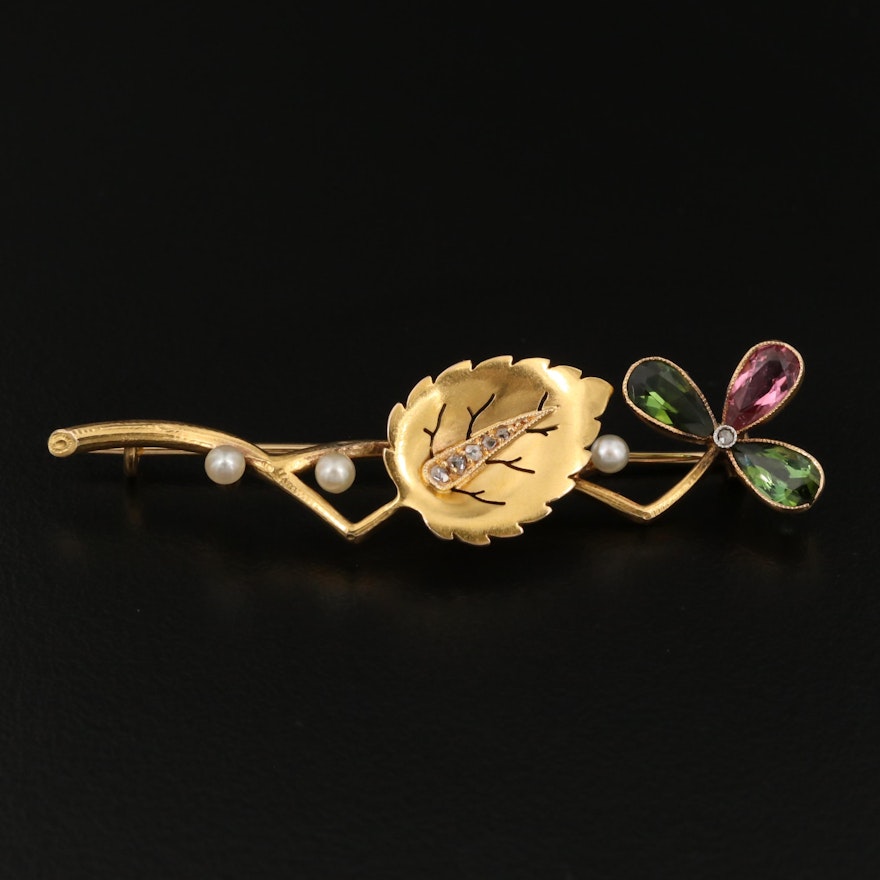 Vintage Tourmaline, Pearl and Diamond Foliate Brooch with 18K Bezel Accents