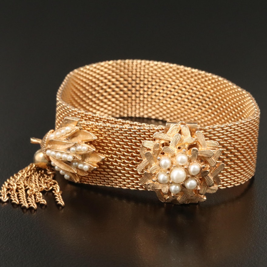Vintage Faux Pearl Slide Bracelet with Tassel and Floral Motif