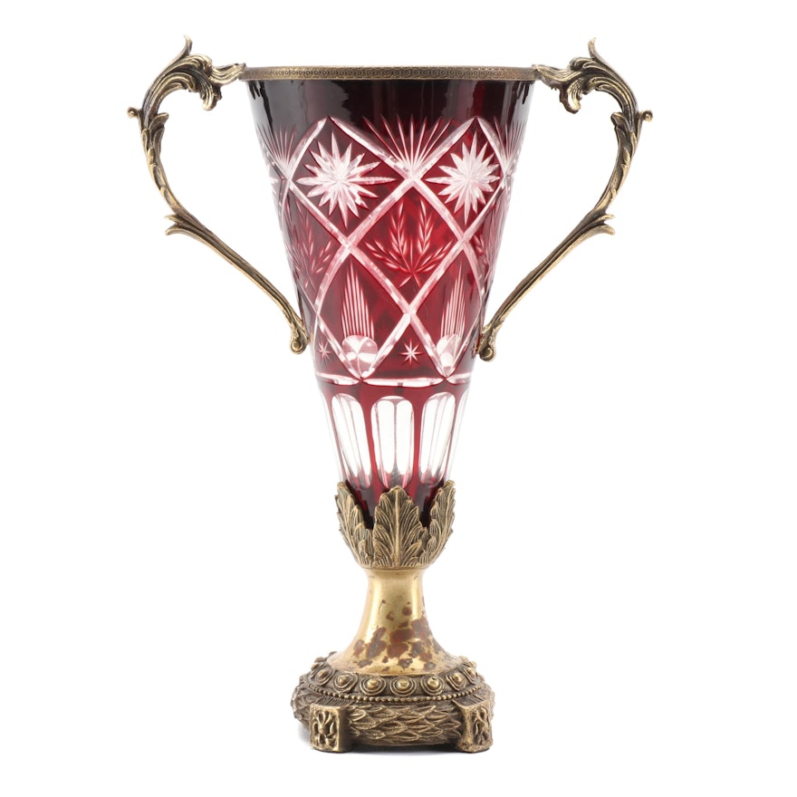 Neoclassical Style Gilt Ormolu Mounted Ruby Cut to Clear Glass Vase