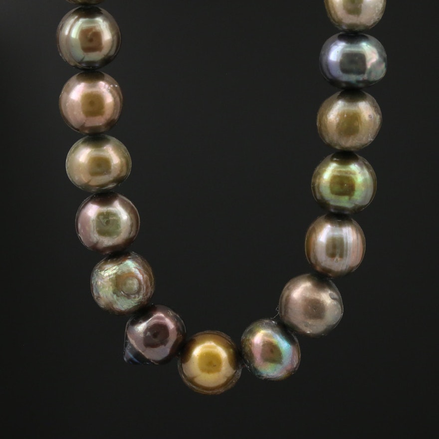 Single Strand Pearl Necklace with Turquoise Accent and 14K Gold Clasp