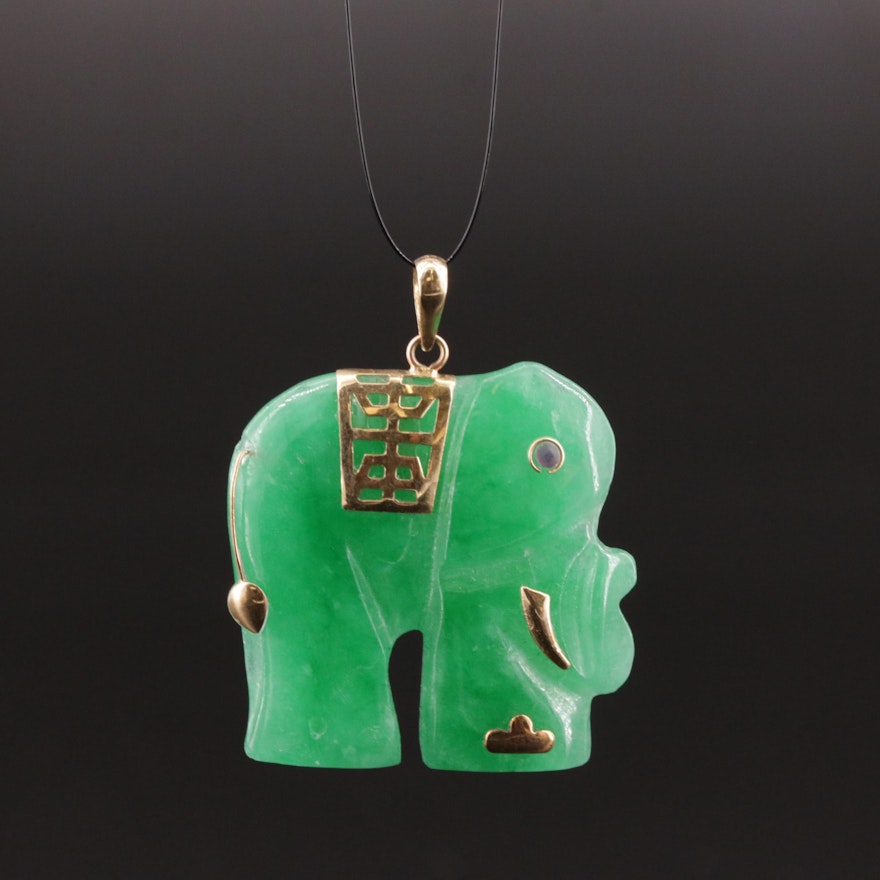Asian Style 14K Gold Jadeite and Ruby Elephant Pendant