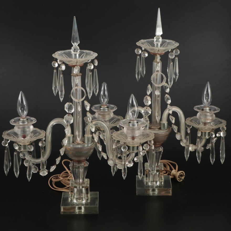 Pair of French Glass Girandole Converted Mantel Lamps