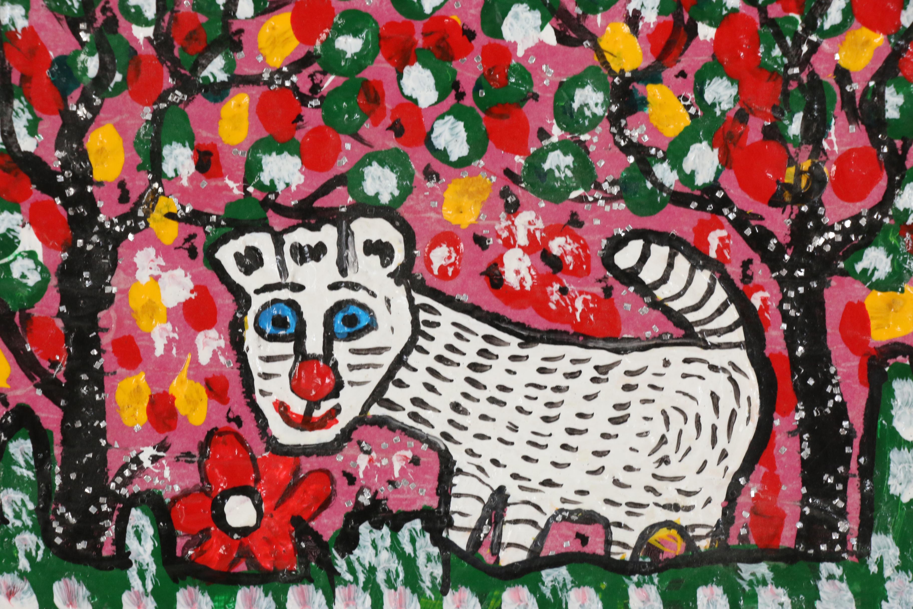 Geneva Beavers Folk Art Mixed Media Painting "Fluffy", 1988