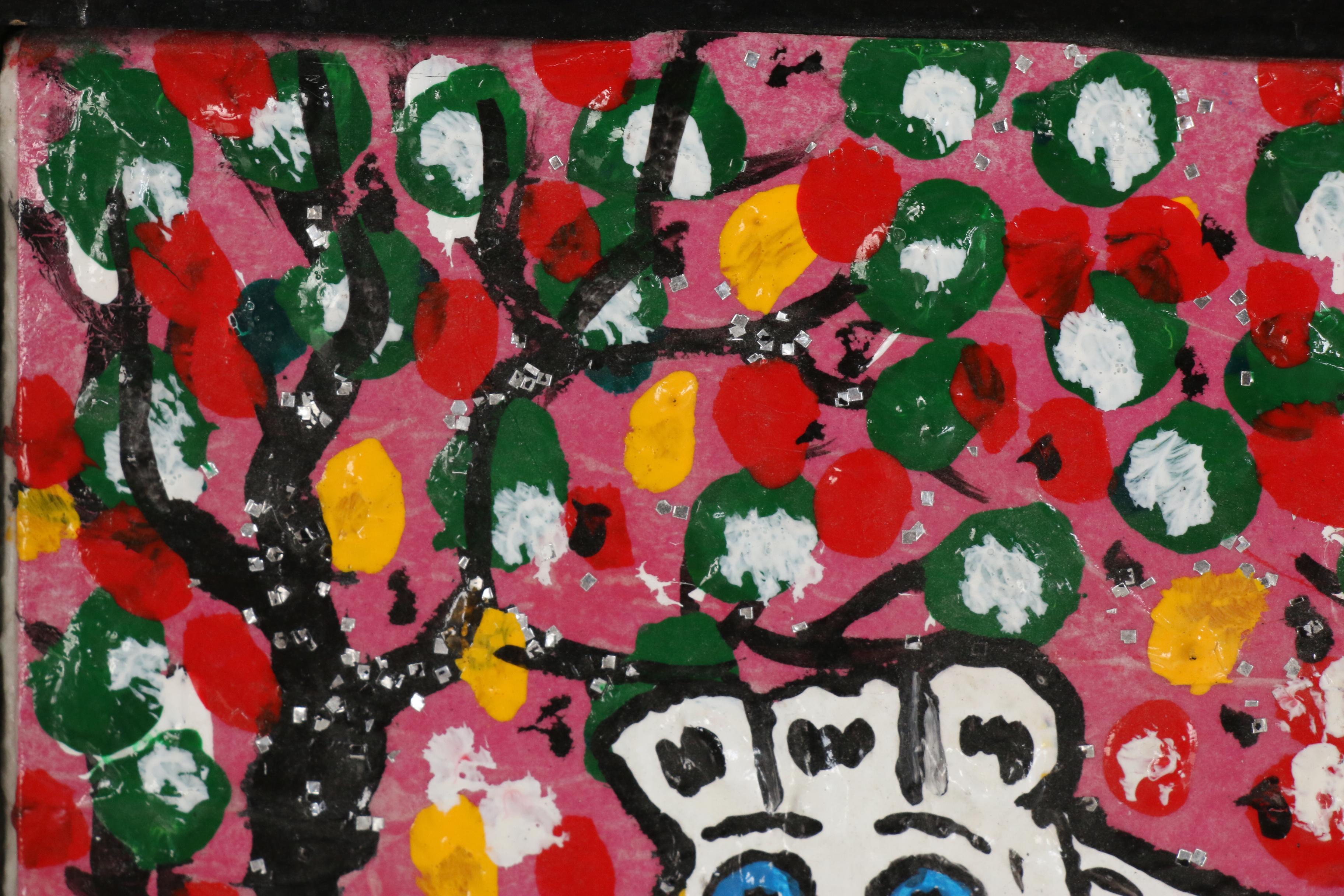 Geneva Beavers Folk Art Mixed Media Painting "Fluffy", 1988