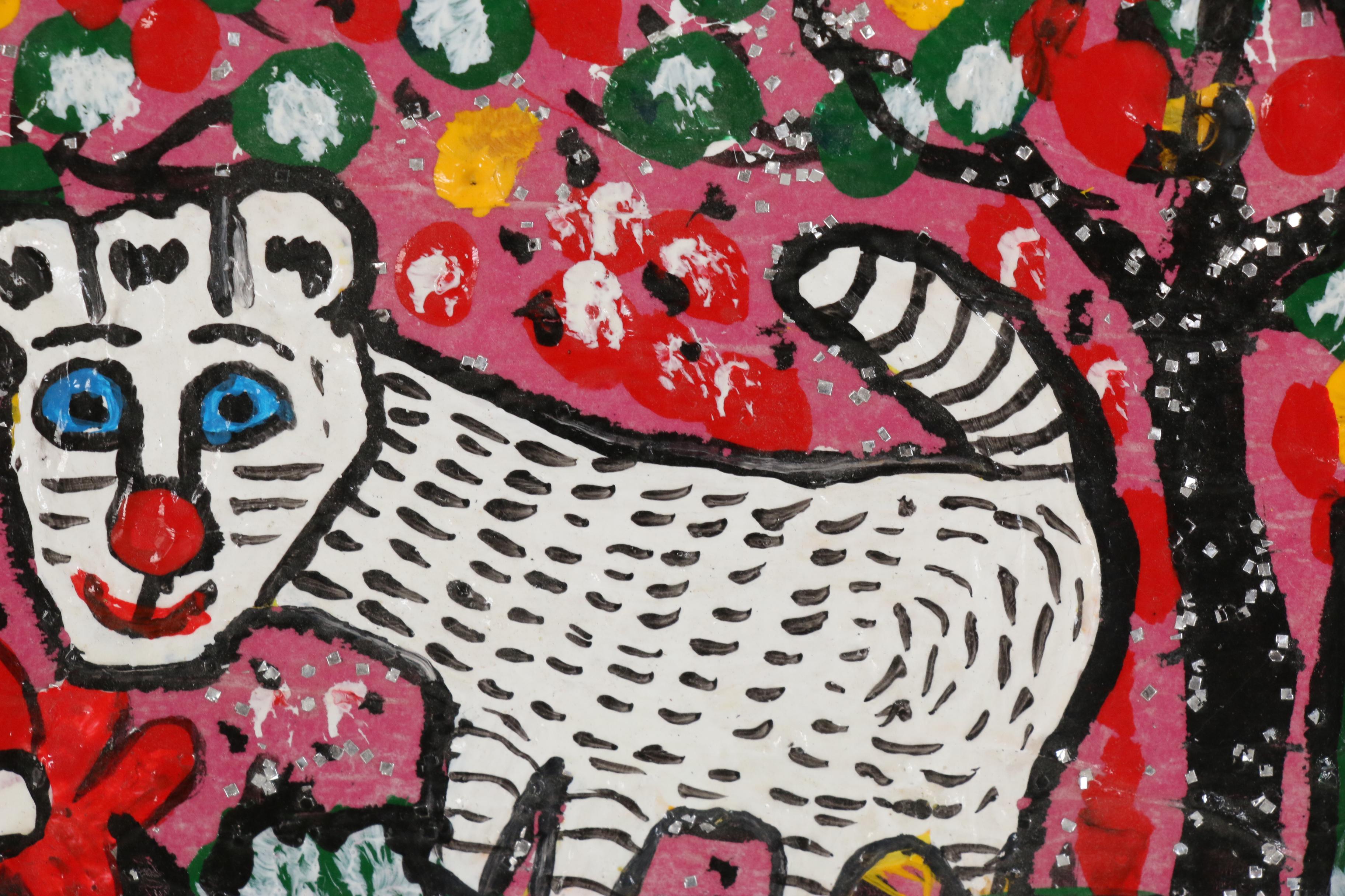 Geneva Beavers Folk Art Mixed Media Painting "Fluffy", 1988