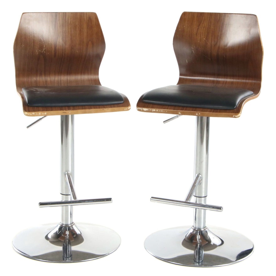 Pair of Laminated Barstools on Adjustable Chrome Pedestals