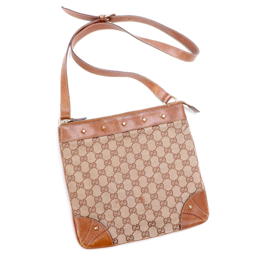 Gucci GG Canvas and Tan Leather Crossbody Bag with Studded Details