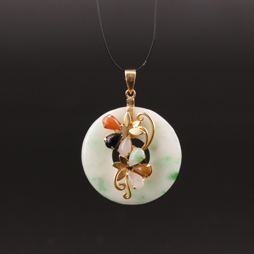 14K Jadeite Bi Disc Pendant with Gemstone Floral Design