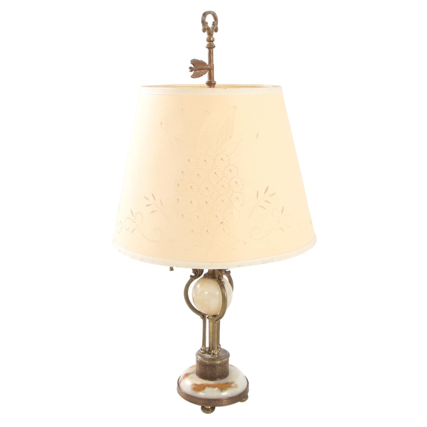 Gilt Metal and Onyx Bouillotte Lamp with Shade