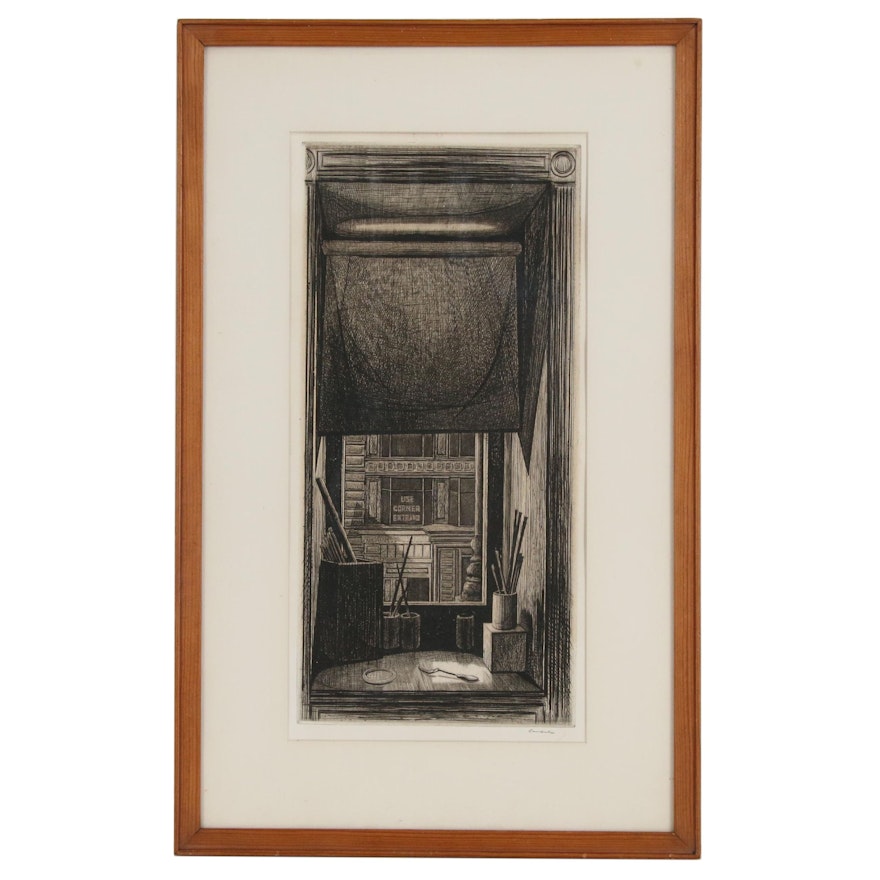 Armin Landeck Engraving and Drypoint "Window on 14th Street", 1949