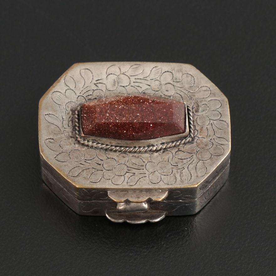 Chased Silver Plate Pill Box with Inset Goldstone Glass, Early to Mid 20th C.
