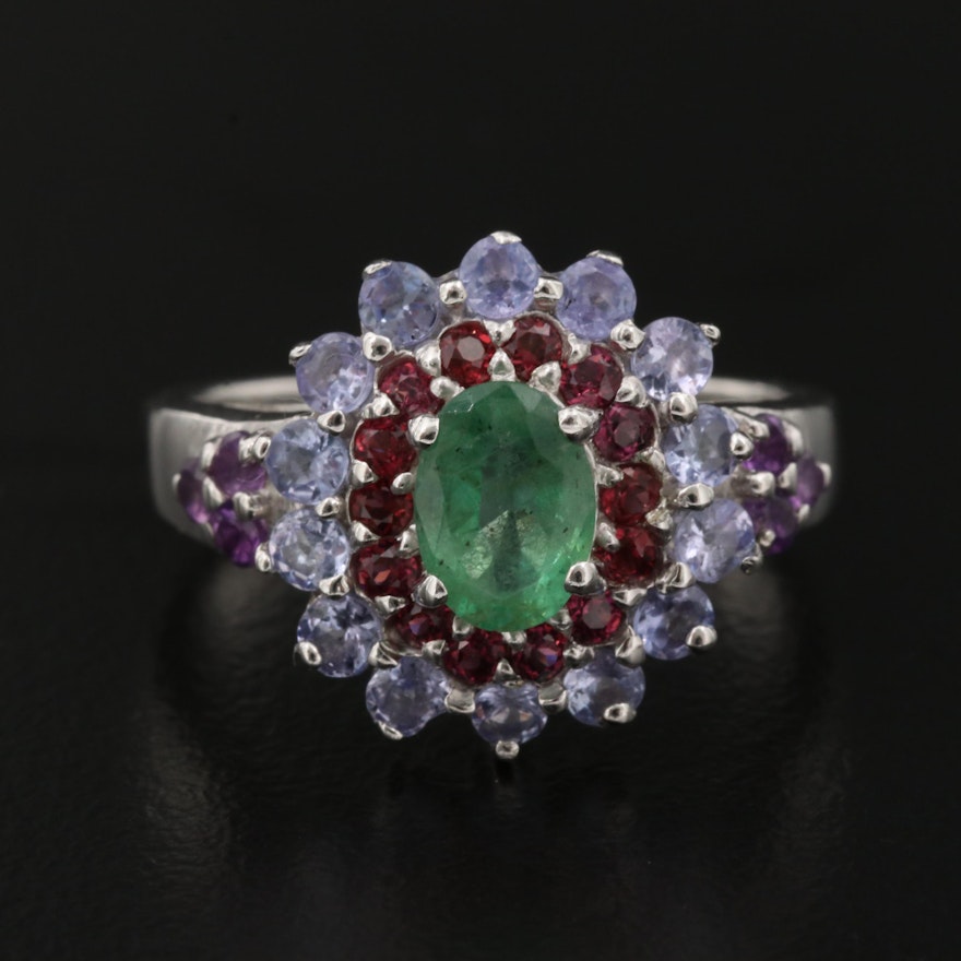 Sterling Emerald Ring with Rhodolite Garnet and Tanzanite Accents